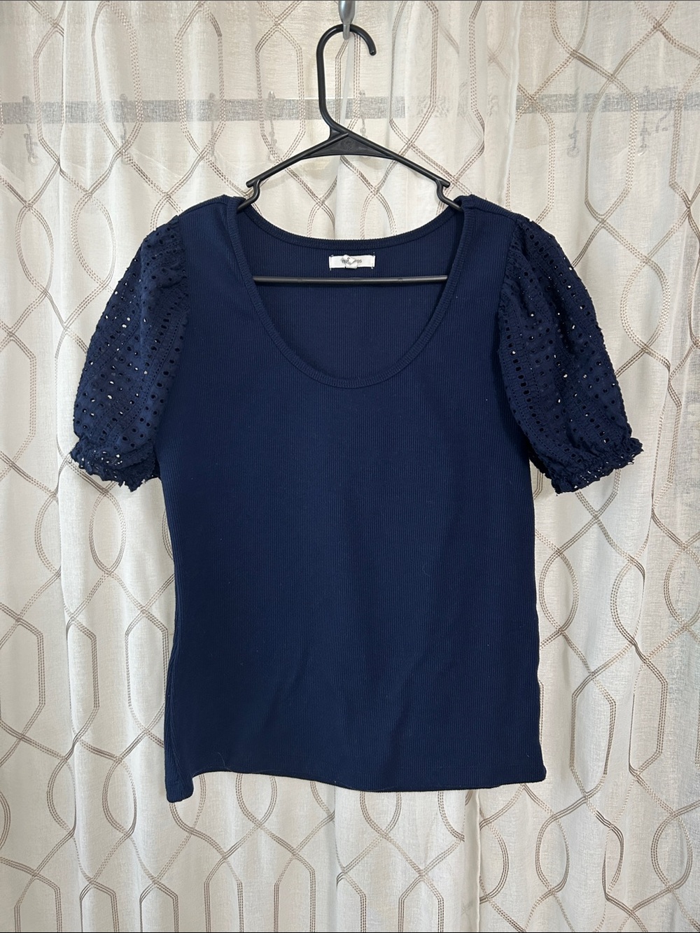 Navy Puff Eyelet Sleeve Knit Top
